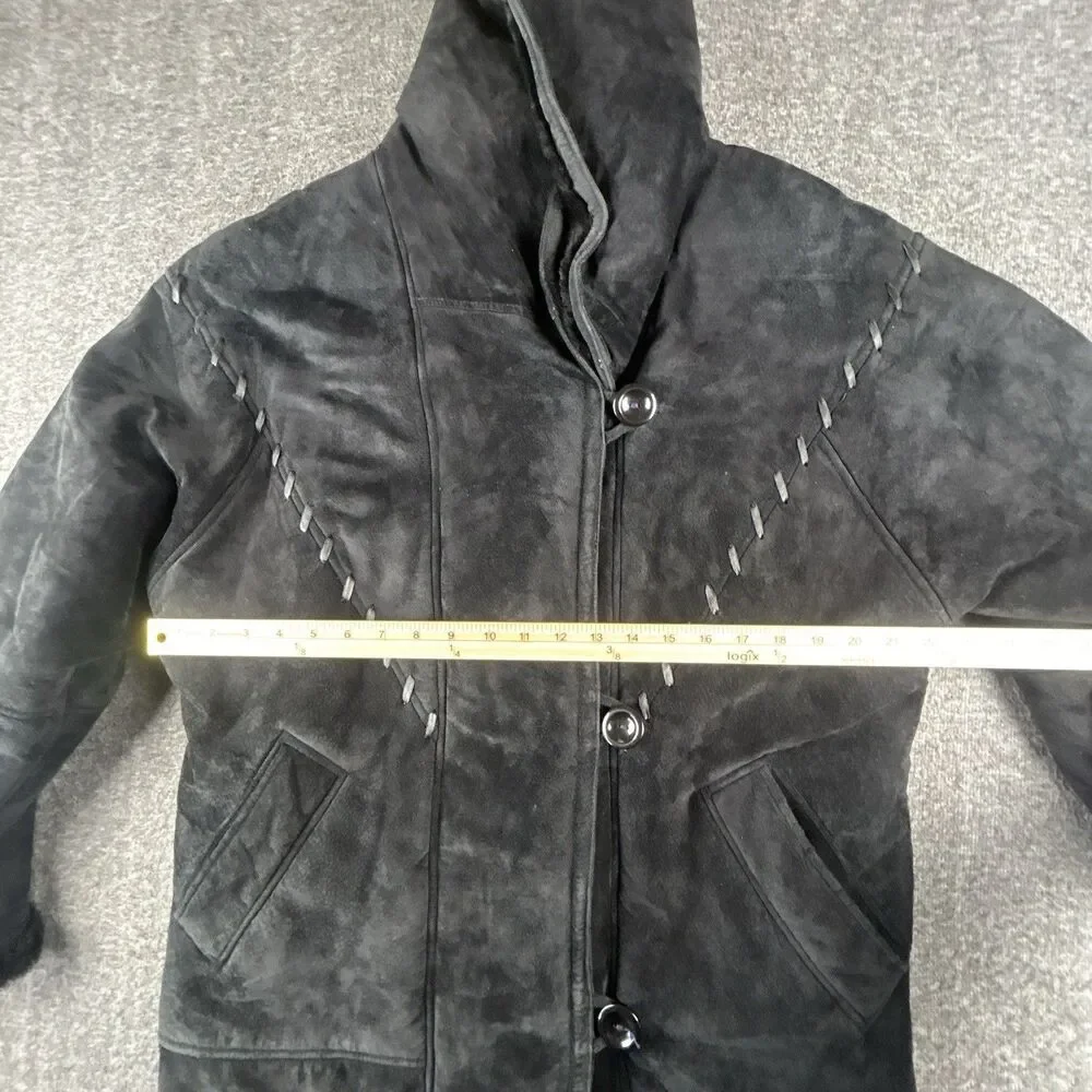 Gallery Genuine Suede Leather Coat Womens Sz M Black Faux Fur Lining & Trim Warm - Picture 10 of 12